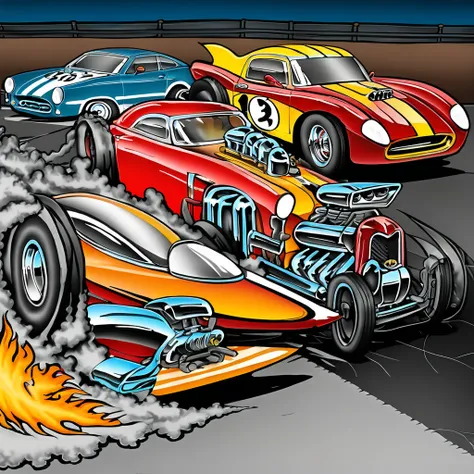 a racer is fighting with other racers, retro, classic, cartoon style