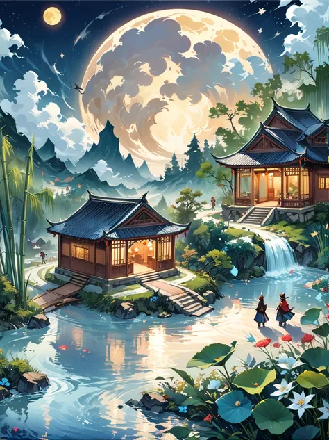 (masterpiece), (Super detailed:1.3), Best quality, (Shiny:1.2), (A winter wonderland village in fantasy and mythology:1.4), (Van Gogh style wonderland architecture：1.5), (The moon is empty), (Fresh，cold，Mountains，White mist，illusory，broad，bamboo forest，Fro...