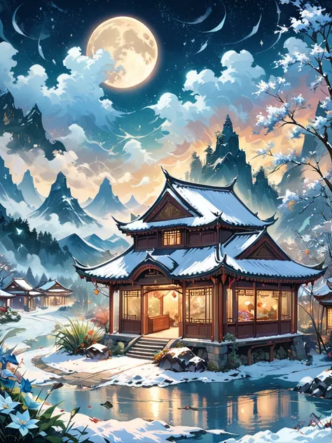 (masterpiece), (Super detailed:1.3), Best quality, (Shiny:1.2), (A winter wonderland village in fantasy and mythology:1.4), (Van Gogh style wonderland architecture：1.5), (The moon is empty), (Fresh，cold，Mountains，White mist，illusory，broad，bamboo forest，Fro...