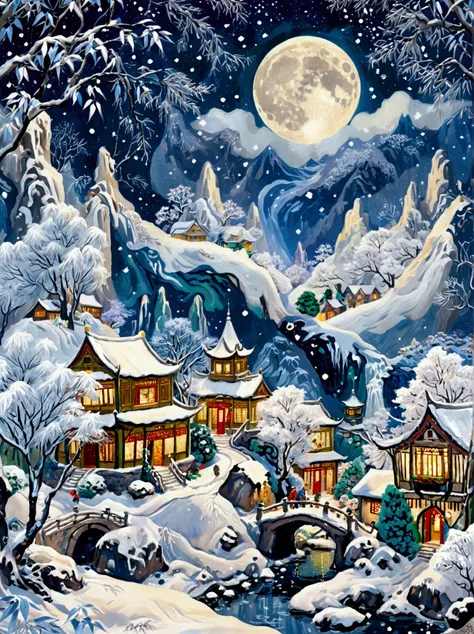 (masterpiece), (super detailed:1.3), best quality, (shiny:1.2), (a winter wonderland village in fantasy and mythology:1.4), (van...