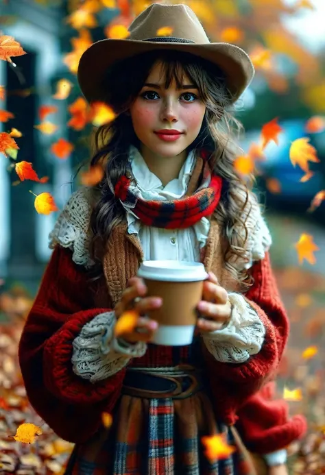 1girl, autumn leaves, bangs, black headwear, blurry background, blush, brown eyes, brown hair, brown scarf, brown skirt, cardigan, coffee, cowboy shot, cup, disposable cup, drink, falling leaves, beanie, holding, holding drink, leaf, long hair, long sleeve...