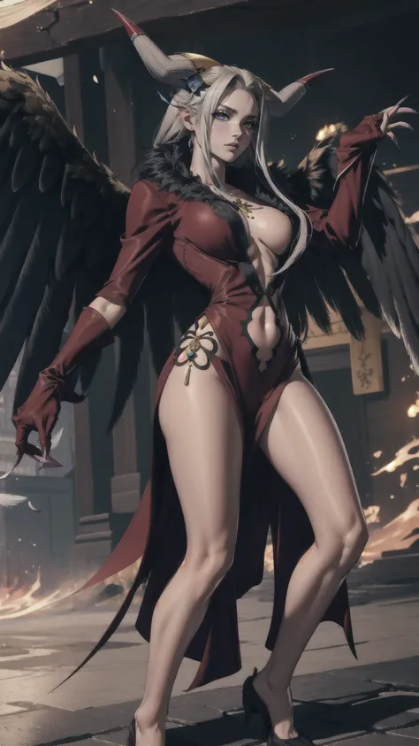 masterpiece, realistic, hyperrealistic, best quality, ultimecia, horns, red dress, plunging neckline, feather trim, black wings, facial marks, claws, full body, smirk, chaos magic swirling around her hands