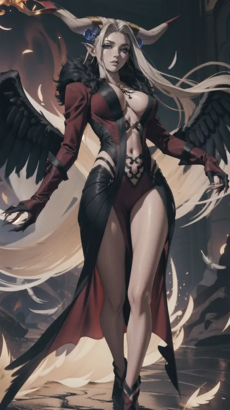 masterpiece, realistic, hyperrealistic, best quality, ultimecia, horns, red dress, plunging neckline, feather trim, black wings, facial marks, claws, full body, smirk, chaos magic swirling around her hands