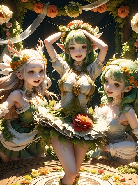 generate a group of mystical forest spirit girls with wreaths of flowers on their heads with pale skin dancing in a circle, ador...