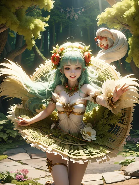 generate a group of mystical forest spirit girls with wreaths of flowers on their heads with pale skin dancing in a circle, ador...