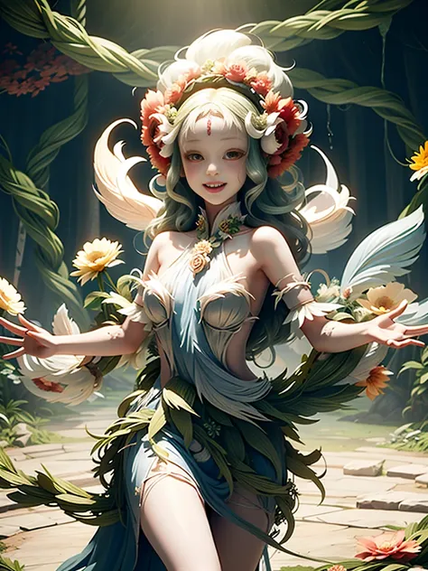 generate a group of mystical forest spirit girls with wreaths of flowers on their heads with pale skin dancing in a circle, ador...