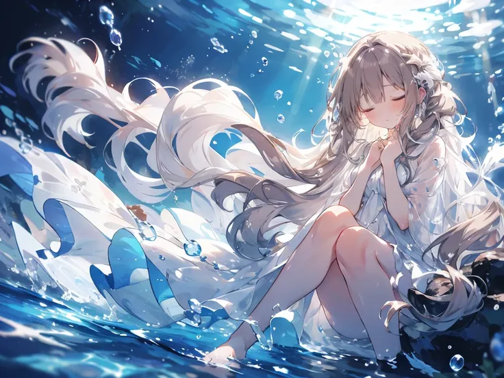 sleep, an artwork of a woman in white dress and flowing white hair under water, 1 girl, dress, underwater, alone, long hair, clo...