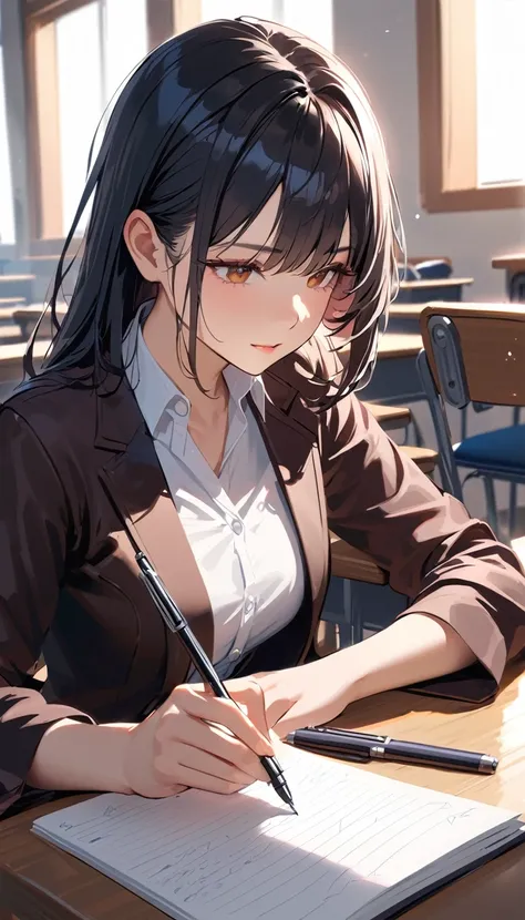 Verism, super detail, best quality, A beautiful woman with short black hair is attending a lecture in a university classroom. She is right-handed and writing notes with a pen.