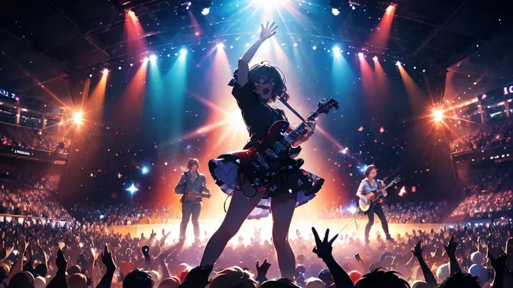 in this vibrant anime-style image, a four-member band performs energetically on
 a concert stage under the bright lights. the sc...