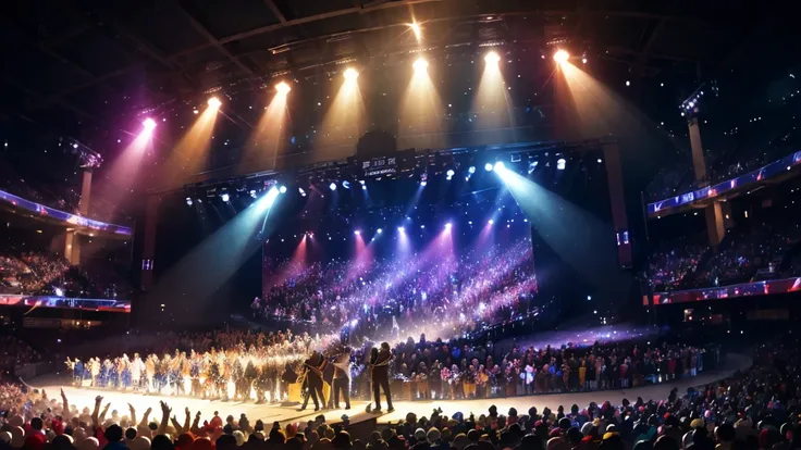 in this vibrant anime-style image, a four-member band performs energetically on
 a concert stage under the bright lights. the sc...