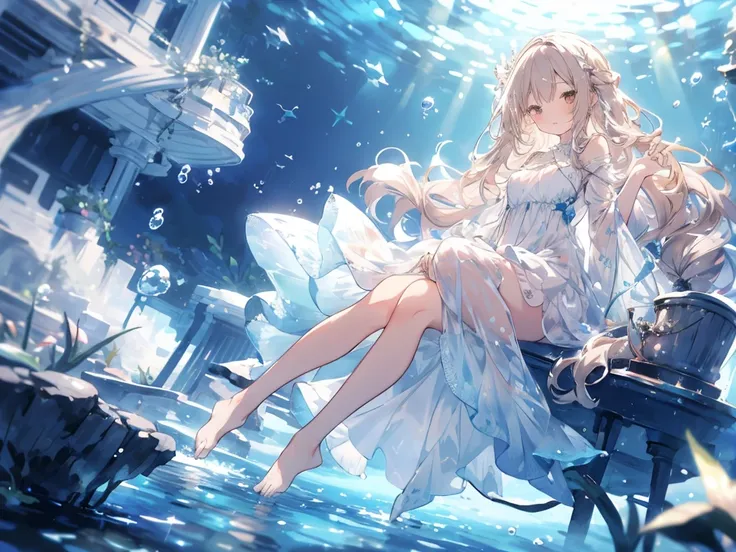 sleep, an artwork of a woman in white dress and flowing white hair under water, 1 girl, dress, underwater, alone, long hair, bro...