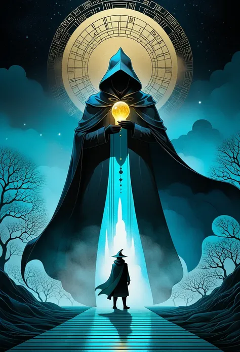 A man in a cloak、Fantasy portrait of a tall figure wearing a white mask, Traveler Azem, Desire to explore the end of the world，Discover its wonders，and help its inhabitants, author：Andy Kehoe, Gradient Masterpiece, Blue Cyan , rococopunk, Luminism, Seamles...