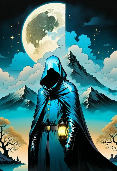 A man in a cloak、Fantasy portrait of a tall figure wearing a white mask, Traveler Azem, Desire to explore the end of the world，Discover its wonders，and help its inhabitants, author：Andy Kehoe, Gradient Masterpiece, Blue Cyan , rococopunk, Luminism, Seamles...