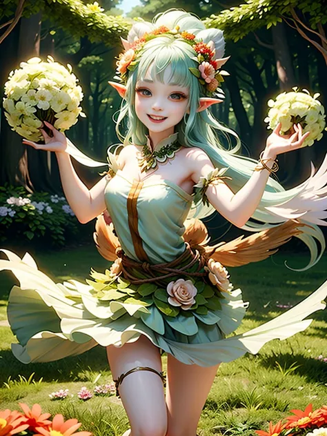 generate a group of mystical forest spirit girls with wreaths of flowers on their heads with pale skin dancing in a circle, ador...