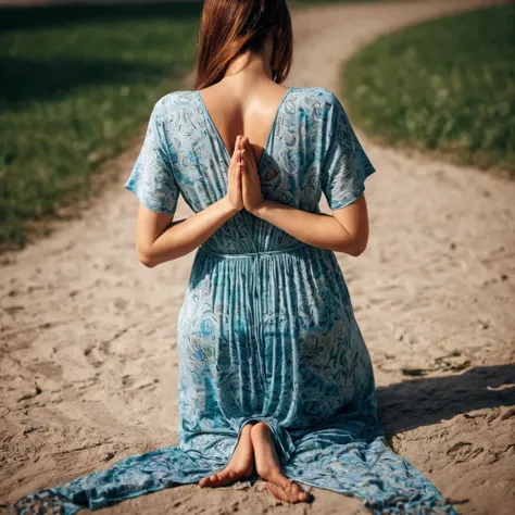  woman praying on her knees and hands in a maxi dress, rear view angle 