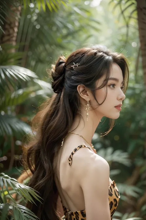 (((best quality))),(((ultra detailed))),(((masterpiece))),illustration,((1 beautiful girl,solo)),(shoulder length messy hair:1.2),((Beast bone earrings and necklace)),((slim,thin)),(((bare back,towering hips,butt crack))),fair complexion,(leopard print pan...