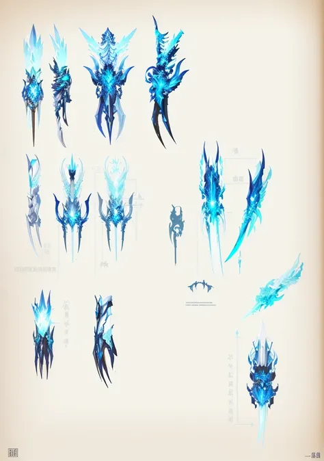 Sketches of various armor and weapons on a white background, weaponry concept designs, feng zhu Concept Art, Weapon Design, Concept Arts, weapon Concept Art, weapons Concept Art, concept design art, design Concept Art, Concept Art design illustration, Conc...