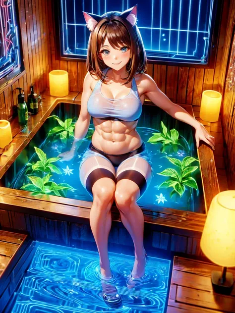 Highest quality,Highest Resolution,A beautiful smiling American girl,bath,Get in the big bathtub,Belly button,Abdominal muscles,Knee-high stockings,Brown hair short bob,Cat ear,Drink,whole body,up,front,