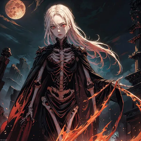 best quality, 4K, high resolution, masterpiece:1.2, Very detailed, actual:1.37, Mood lighting, An undead girl in a long cape, Torso and limb is skeleton bone but head is still beautiful human face, Wearing a ragged gothic skirt, Aloofness emotion, Dangerou...