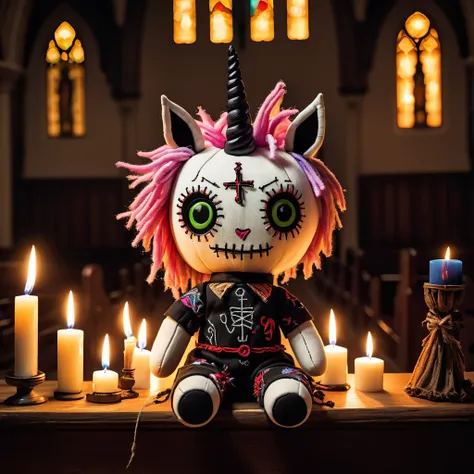 (knitted toy voodoo doll:1.7), (Voodoo Evil Unicorn in Sinister Church:1.3), (Clothing: tattered unicorn attire with dark symbols:1.0), (Accessories: enchanted horn emitting a ghostly glow, floating spectral candles:1.1), (background: dark, haunted church ...