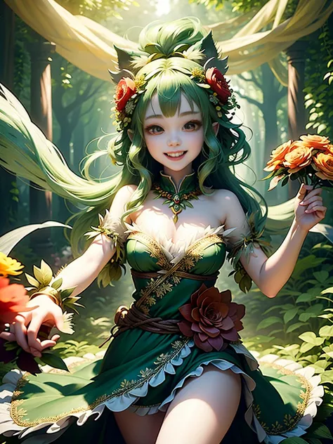 generate a group of mystical forest spirit girls with wreaths of flowers on their heads with pale skin dancing in a circle, adorable smile, cute teeth, masterpiece