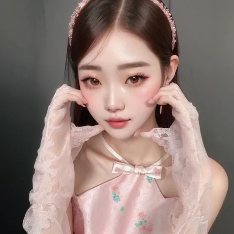 a close up of a young woman wearing a pink dress and a tiable, ulzzang, jinyoung shin, jaeyeon nam, wan adorable korean face, heonhwa choe, chiho, belle delphine, with cute - fine - face, shikamimi, taejune kim, kim doyoung, y 2 k cutecore clowncore