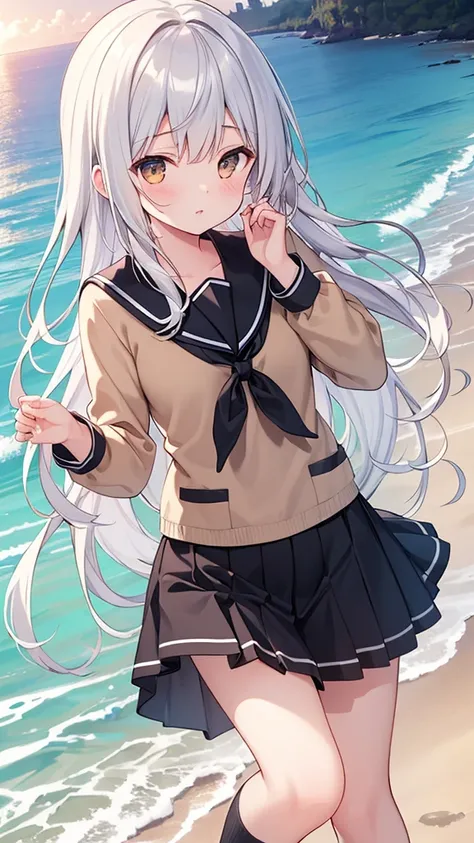 ((a masterpiece of the highest quality)), ((8k extremely detailed CG Unity wallpaper)), 1girl, Tachibana Kanade, brown uniform, black skirt, white socks, outdoors, face, beach, flowing hair, parted hair, silver hair