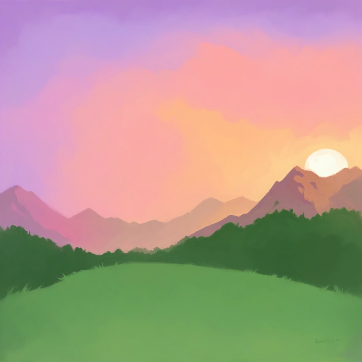 A beautiful sunset over a mountain surrounded by a forest and a field 