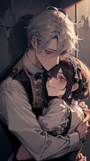 a Smiling maid and a lewd prince, detailed face, detailed eyes, lewd maid, hugging, secret, mysterious, against a wall