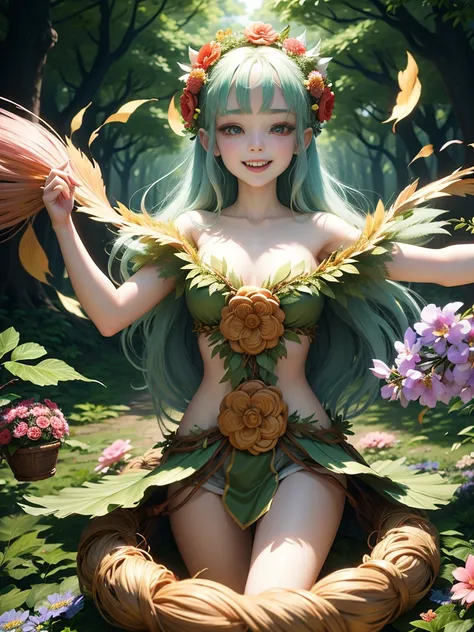 generate a group of mystical forest spirit girls with wreaths of flowers on their heads with pale skin dancing in a circle, adorable smile, cute teeth, masterpiece