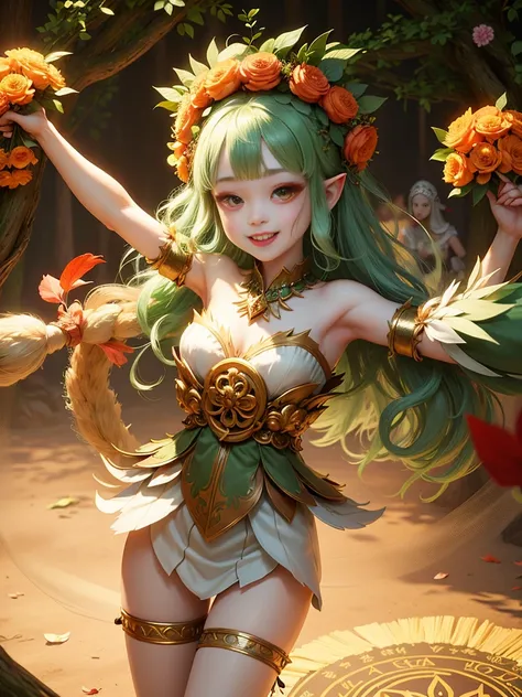 generate a group of mystical forest spirit girls with wreaths of flowers on their heads with pale skin dancing in a circle, ador...