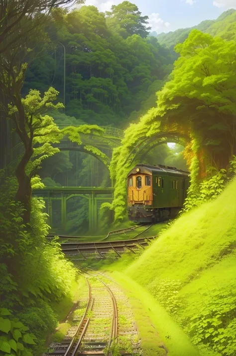 there is a train going down the tracks through the woods, on a jungle forest train track, railway tracks going through it, countryside in japan, japan rural travel, green alley, completely overgrown with vines, japanese countryside, archways made of lush g...