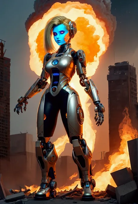 “cybernetic robot of a girl with robotic and human parts, in a city destroyed by a nuclear explosion, partially in flames, using natural light with the glow of the flames. The girl is wearing a futuristic suit and has blonde hair, cybernetic enhancements, ...