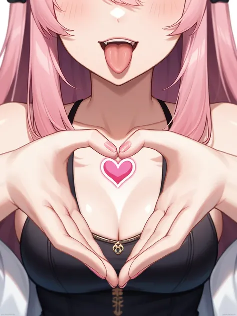 Adult, Female, long pink hair, winking, tongue out, heart hands, vtuber, otaku bedroom, Masterpiece, Accurate, Anatomically Correct, Best Quality, High Details, Detail, Super Detailed, Best detail, Perfect detail, Amazing detail, [-3, 3], perfect hands, be...