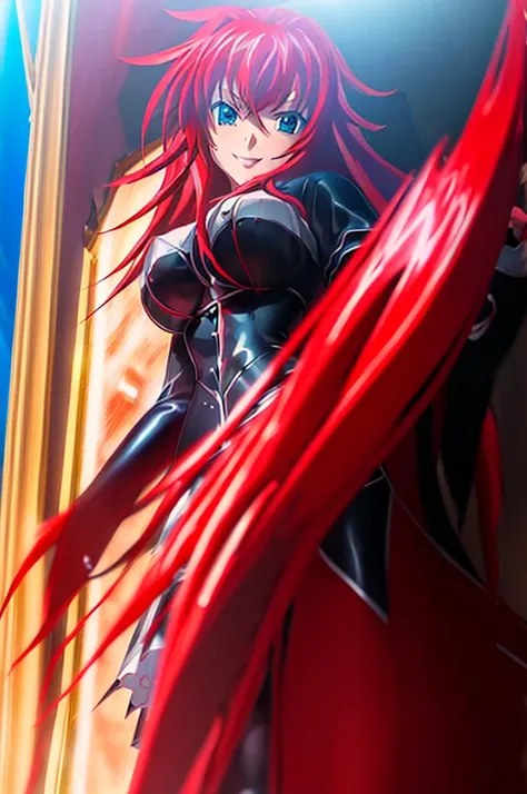 ((master piece)) , (High School DxD) , ((Rias Gremory)) , (red hair) , (long hair) , (blue eyes) , (detailed art style) , (highly detailed) , (finely detailed) , (beautiful girl) , ((photo realistic)) , latex dress , light smile, outdoors, ,ltxdr3ss