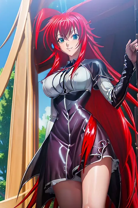 ((master piece)) , (High School DxD) , ((Rias Gremory)) , (red hair) , (long hair) , (blue eyes) , (detailed art style) , (highly detailed) , (finely detailed) , (beautiful girl) , ((photo realistic)) , latex dress , light smile, outdoors, ,ltxdr3ss