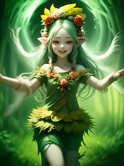 generate a group of mystical forest spirit girls with wreaths of flowers on their heads with pale skin dancing in a circle, ador...