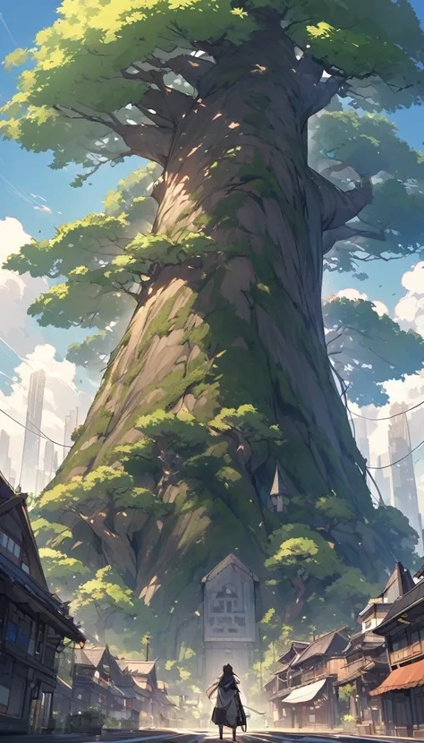 A gigantic ancient tree stands tall in the middle of a city&#39;s skyline、A girl stands in front of it。The sky is dyed in the sunset、Orange and pink hues abound。The tree roots wrap around the building、The cityscape and nature blend together to create a fan...