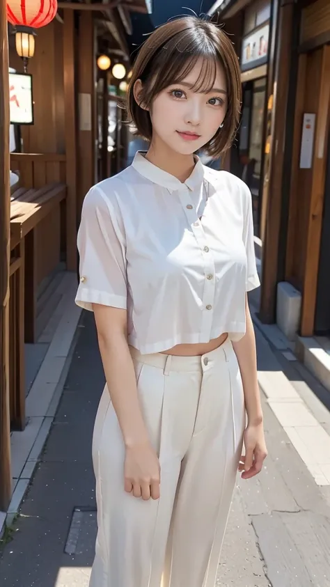 One girl, wearing white short sleeve blouse, wide pants, wide pants, short hair, 20-year-old Japanese, beautiful, cute face, pretty face, neat, serious face, 8-head body, height 165cm, weight 48kg, bust 83cm, waist 60cm, hips 82cm, Small breathts, Living i...