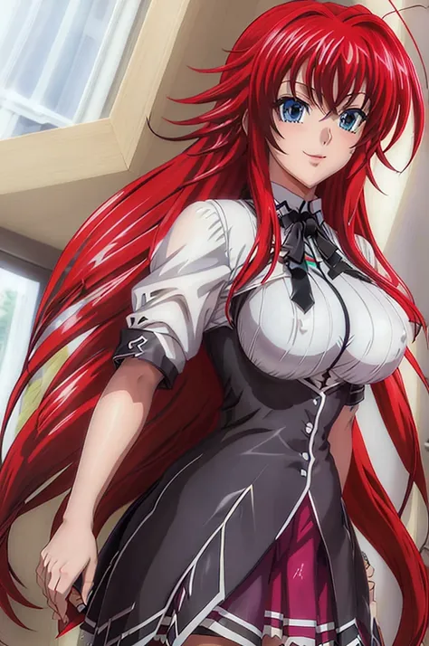 Rias_Gremory, black ribbon, white collared shirt, red pleated skirt, black capelet
(pikkyriasgremory, high school dxd, blue eyes, breasts, large breasts, long hair, very long hair, red hair, ahoge, huge ahoge, 18 years old, thurime) (standing, smilling, fr...