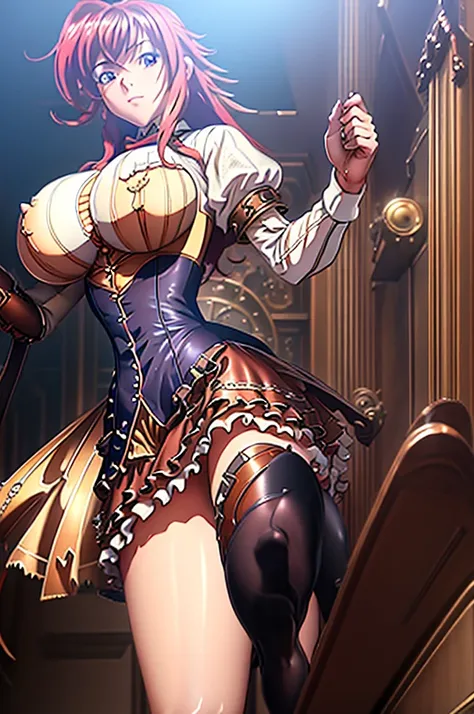 Masterpiece, best quality, highest quality, super detailed, high resolution, super high resolution, soft colors,
Girl,  steampunk dress, ((steampunk)), dynamic pose, pose with movement, ,rias gremory, ahoge, large breasts, wide hips, thighs, mature female