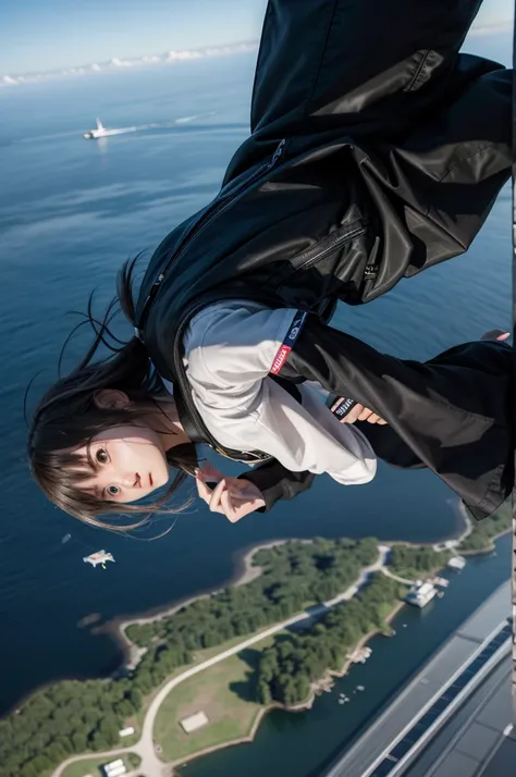 a young Japanese girl in dark clothes , who is jumping from a moving plane 