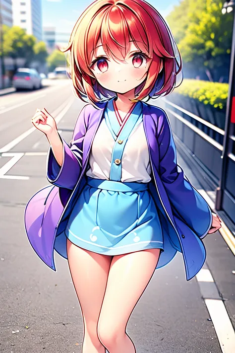 1 tall lady and 1girl are running in the street at noon. the lady who has red hair, red eyes, purple kimono, long sleeves, wide ...