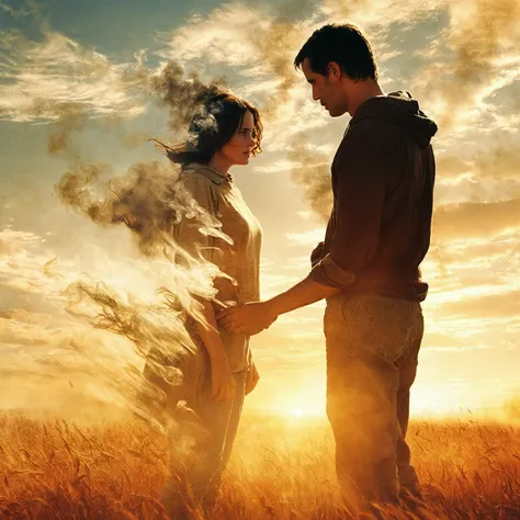 there is a man and a woman standing in a field, women is faiding away into dust and smoke, the most beautiful scene, wonderful s...