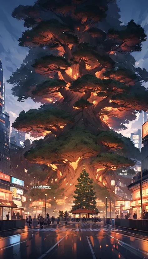 A gigantic ancient tree bigger than a building stands tall in the middle of Tokyo&#39;s skyscrapers、A girl stands in front of it。The sky is dyed in the sunset、Orange and pink hues abound。The tree roots wrap around the building、The cityscape and nature blen...