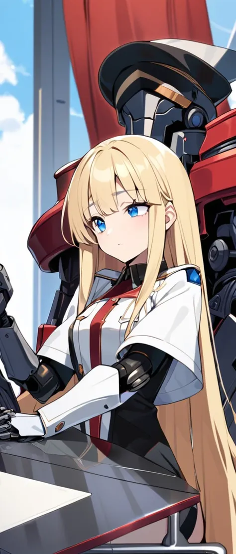 commander anime girl, white commander clothes, 30 years old, tall, medium length blonde hair, blue eyes, eye patch, a right mechanical arm, sitting at the head of a large and long covenant table, white commander hat, 8K