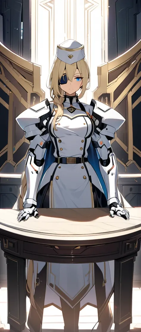 commander anime girl, white commander clothes, 30 years old, tall, medium length blonde hair, blue eyes, eye patch, a right mechanical arm, sitting at the head of a large and long covenant table, white commander hat, 8K