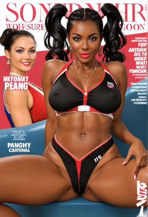 Magazine cover,Twin Tails,Beautiful sexy black woman(Wear sexy sportswear),,(dark skin),E7E48U，excited，Perfect breasts，pubic hair，legs apart