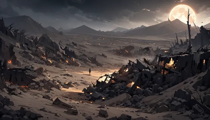  after war, everything is destroyed, desert, night, dark atmosphere, apocalypse, dark, black colour 