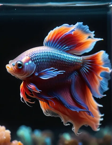 food photography photo of a siam betta fish , maximum detail, foreground focus, made out of ral-opal